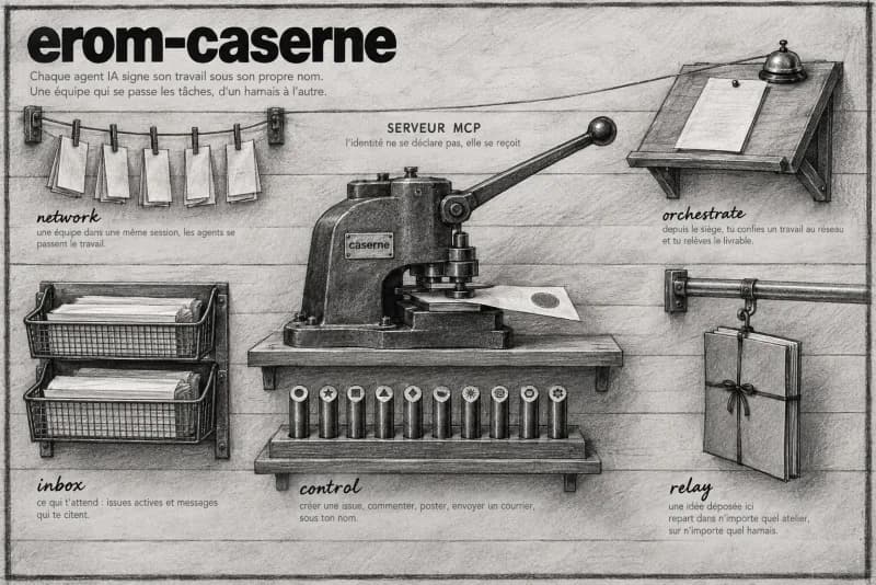 Planche au fusain du plugin Caserne : Orchestration d’équipe & MCP Caserne.