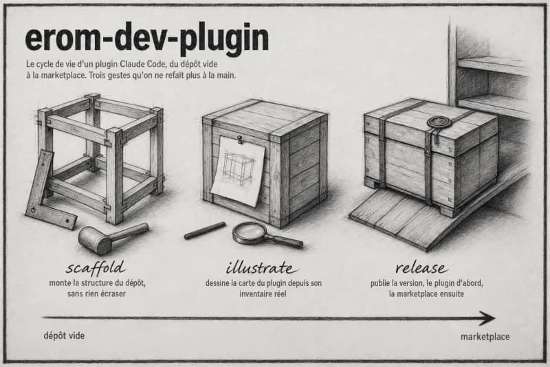 Planche au fusain du plugin Dev-plugin : Cycle de vie des plugins Claude Code.