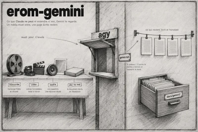 Planche au fusain du plugin Gemini : Capacités multimodales & Antigravity.