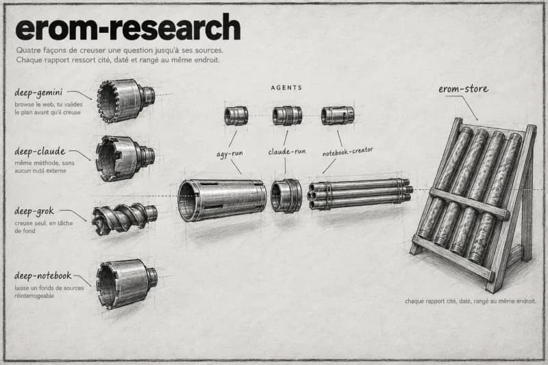 Planche au fusain du plugin Research : Deep Research multi-moteurs.