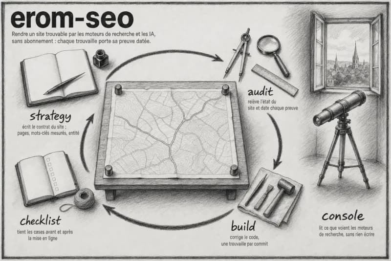 Planche au fusain du plugin SEO : Cycle SEO/GEO complet sans abonnement.