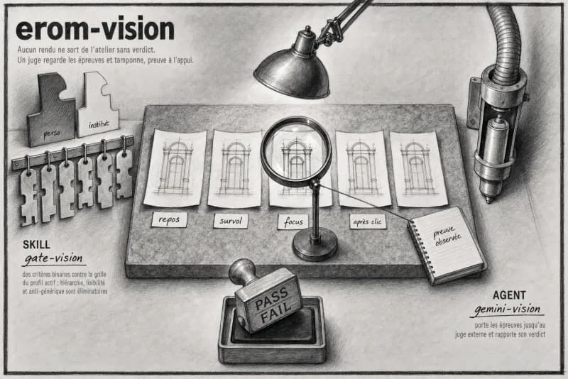 Planche au fusain du plugin Vision : Gate design & Juge vision UI.